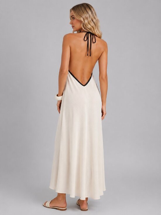 Dresses & Skirts - Women’s Linen Halter Maxi Dress Backless Boho Beach Vacation Sundress Summer